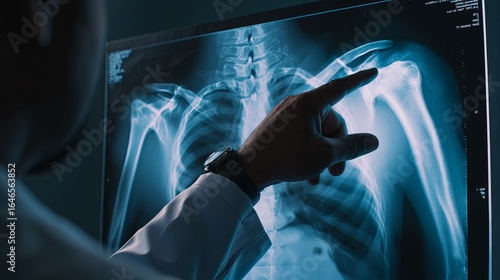 Male doctor analyzing an X-ray image of a shoulder in a dimly lit room.