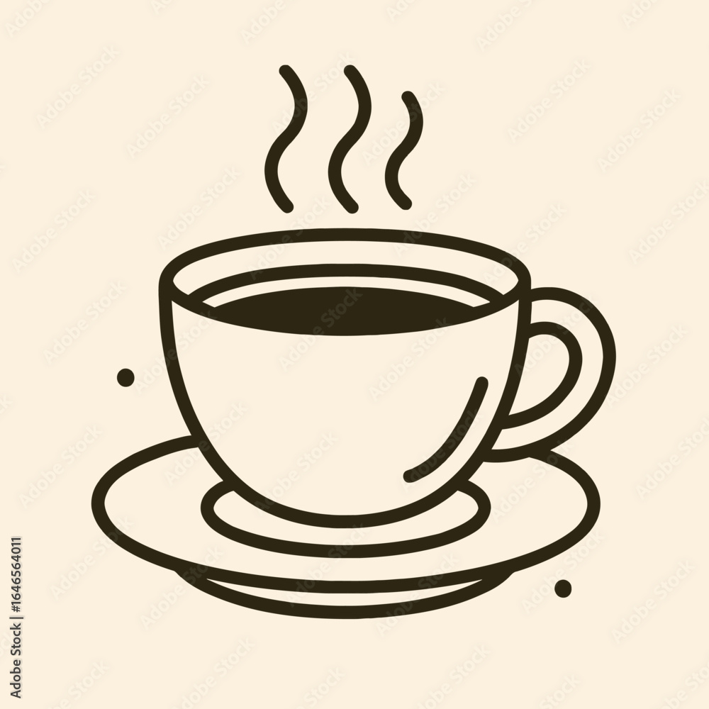 Obraz premium A minimalist line art illustration depicts a steaming cup of hot coffee or tea on a saucer, evoking warmth, comfort, and a cozy morning ritual.