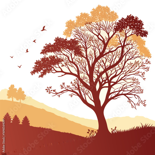 Illustration of a large tree with red and gold leaves on hills with birds in the sky in autumn season