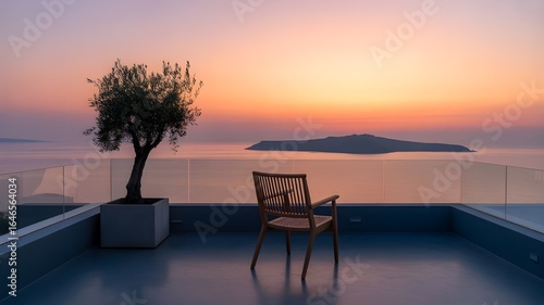 Serene Sunset: Modern Terrace with Olive Tree and Wooden Chair Overlooking Aegean Sea