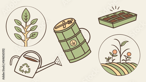 Gardening tools and plants illustration for sustainable living and organic farming concept design vector