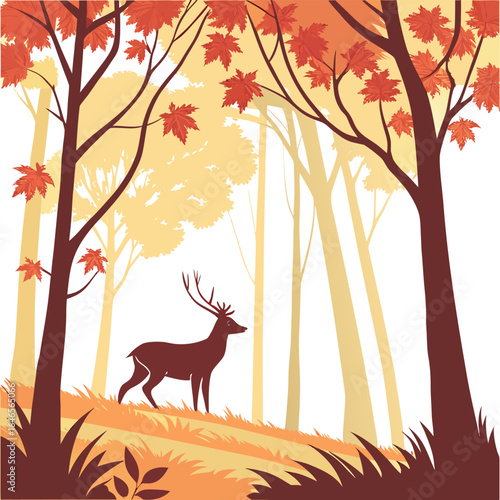 A deer standing in an autumn forest with trees and falling leaves in a warm color palette landscape