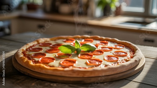 Warm, Delicious Pepperoni Pizza on Rustic Wooden Table, Sunlit Kitchen Background
