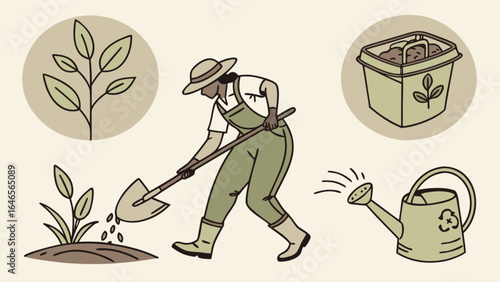 Illustration of woman planting seeds, gardening, agriculture, and sustainable living in the garden plot