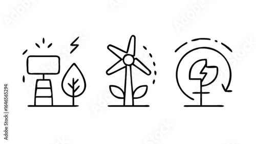 Sustainable energy solutions: renewable power, wind turbine, solar panel and green energy innovation ideas