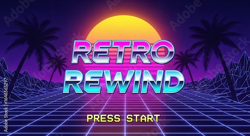 Retro Rewind Nostalgic Synthwave and 80s Arcade Game Title Screen with Grid Landscape