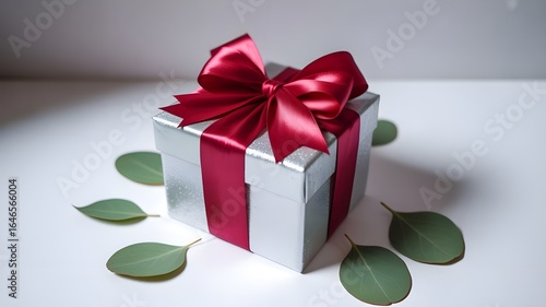 Elegant Silver Gift Box with Burgundy Ribbon and Eucalyptus Leaves: Minimalist Festive Present Concept