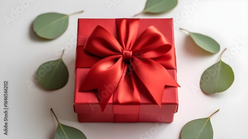 Elegant Red Gift Box with Satin Bow and Eucalyptus Leaves; Festive, Romantic, Minimalist Style