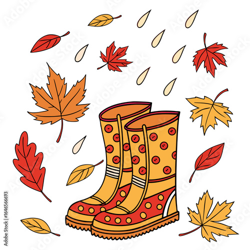 Illustration of rain boots with polka dots surrounded by falling autumn leaves and raindrops in the air