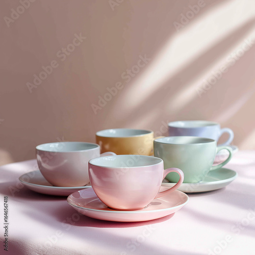 Wallpaper Mural Colorful Pastel Tea Cups and Saucers Arranged on Soft Pink Surface Torontodigital.ca