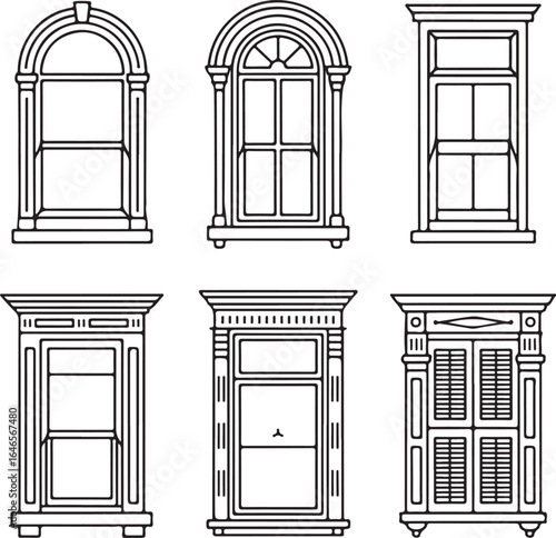 Victorian Window Outline Icon Set Arched Frames, Ornate Grilles, Engraved Molding, Sash Windows, and Decorative Shutters in Classic Architectural Style