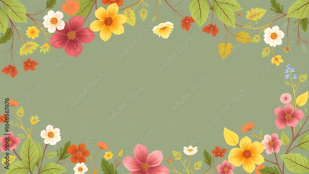 Circular frame made of seasonal flowers and leaves, vector format, center empty for content Circular frame made of seasonal flowers and leaves, vector format, center empty for content