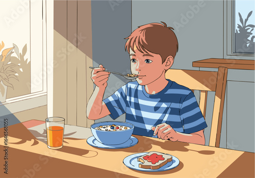 A vibrant illustration of a young boy enjoying a healthy morning breakfast at home, with cereal, orange juice, and toast, illuminated by warm sunlight through a window.