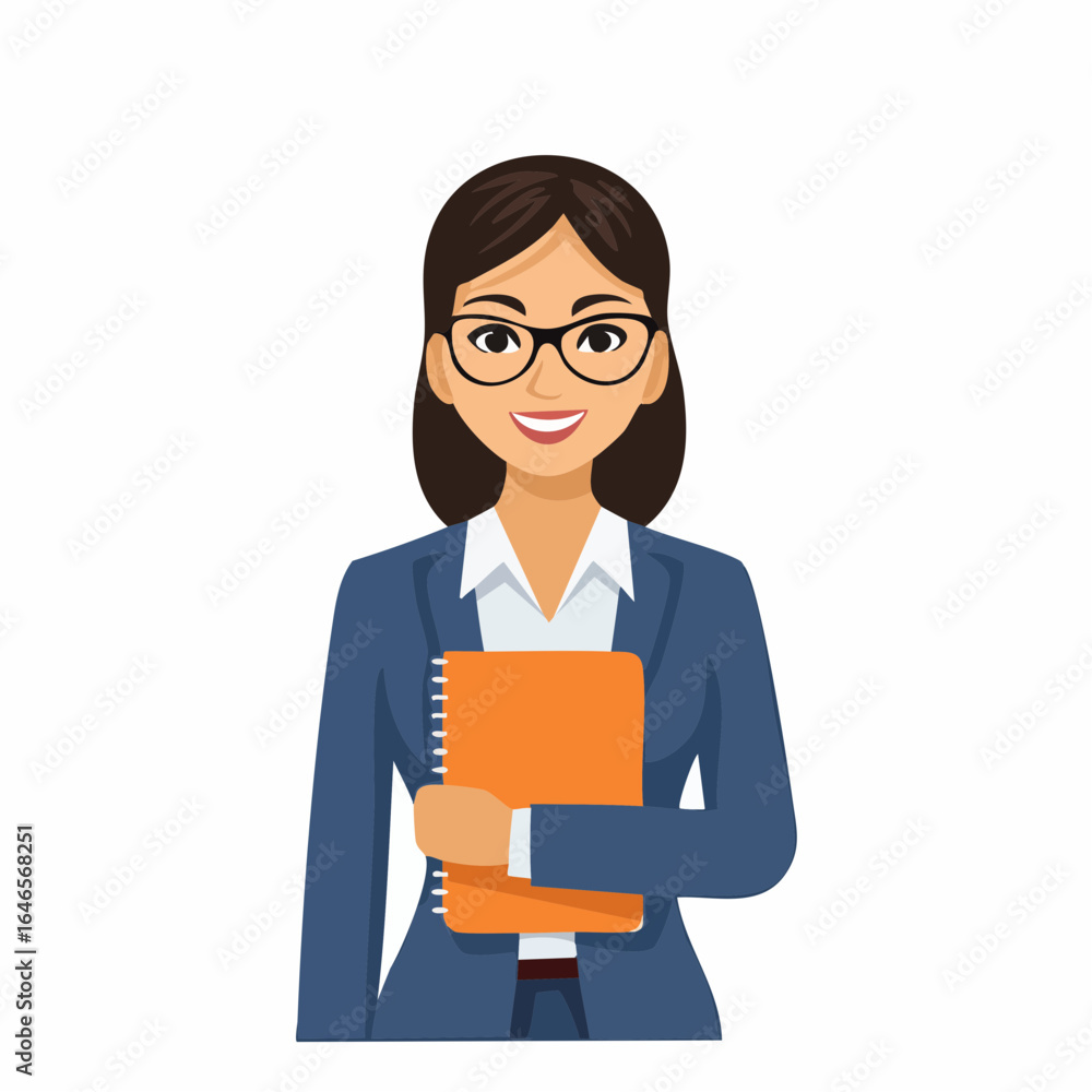 Cartoon illustration of a smiling businesswoman with glasses holding an orange notebook, wearing a blue suit. Cartoon illustration of a smiling businesswoman with glasses holding an orange notebook, wearing a blue suit.