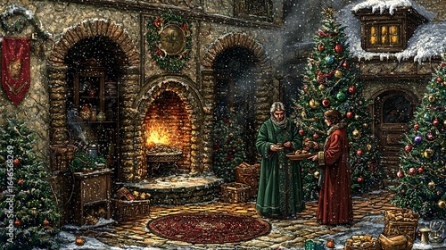 Medieval courtyard scene, Christmas celebration with two figures exchanging gifts near a fireplace.