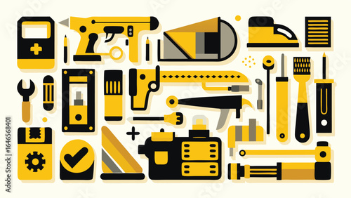 An assortment of hand tools displayed on a white background, including hammers, pliers, and screwdrivers..eps