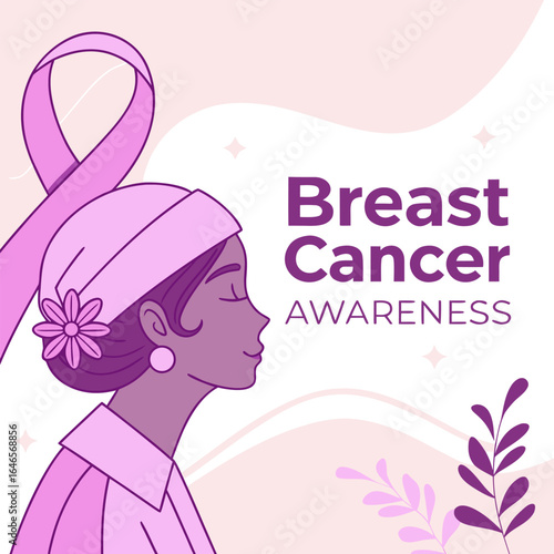Illustration showing a woman with a pink ribbon and breast cancer awareness text against a light background