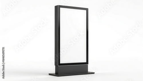 A tall, modern digital advertising display screen with a blank white screen on a white background