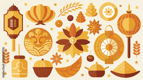 Vector elements representing autumn, featuring colorful leaves, pumpkins, and acorns in a cohesive design..eps