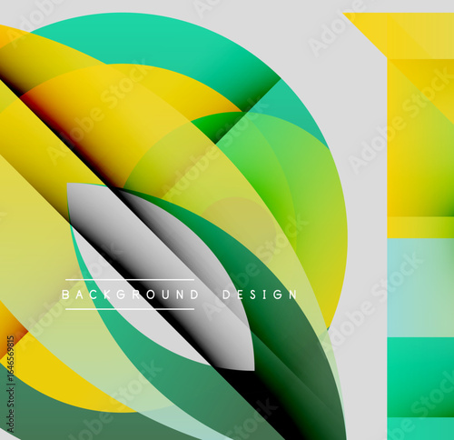 Abstract design features vibrant layers, curves, gradients. Modern composition with yellow, green, gray hues. Minimalist text elements present.