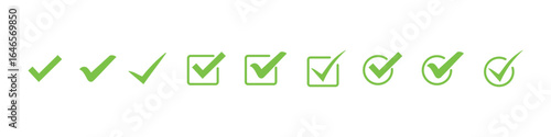 Green check mark icon set. check mark box square frame. check box icon with correct buttons and yes checkmark icons in green tick box, vector illustration n white background. 