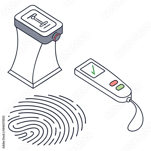Isometric illustration of a fingerprint scanner, a handheld device, and a fingerprint image scan on white