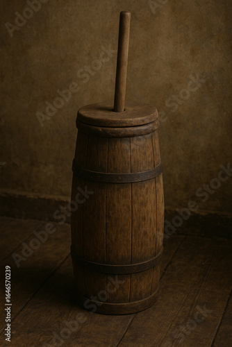 Vintage wooden butter churn on rustic floor