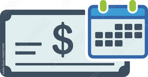 Vector icon of a payment schedule with a bank check and calendar, representing salary, payroll, and financial deadlines.