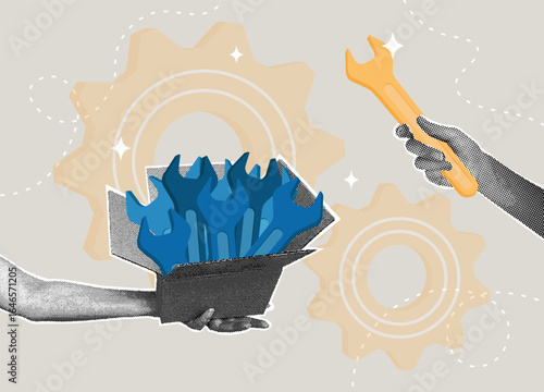 Trendy halftone collage. Collective work and tools. Joint repair and maintenance. The concept of teamwork, joint activity, labor, associations.