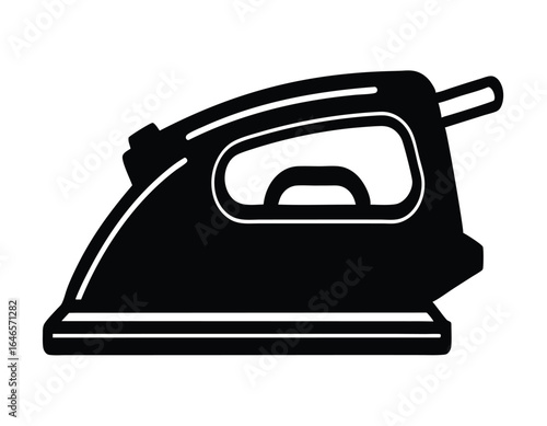 Black and white illustration of a vintage iron; simple, clean design; household appliance icon.