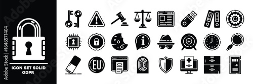 Solid GDPR Icon Set Featuring Data Protection and Privacy Symbols.