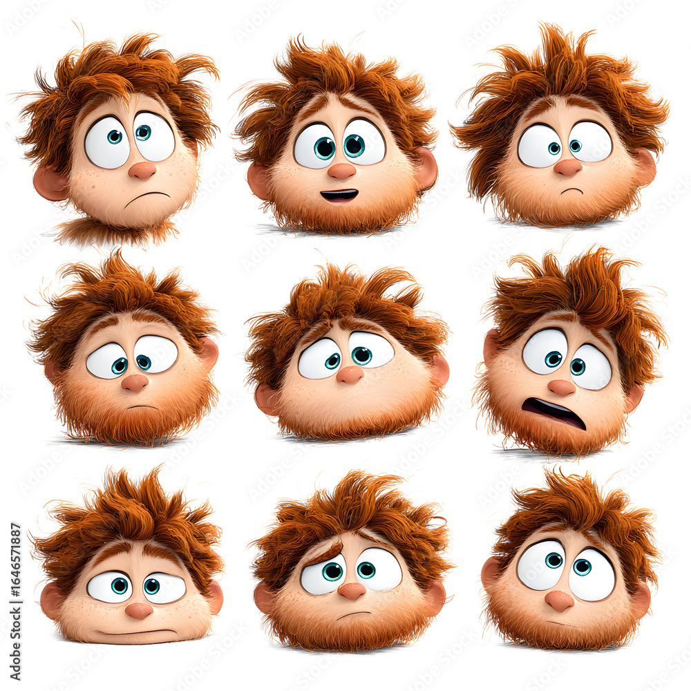 Fototapeta premium Whimsical and endearing cartoon character showcasing various emotive facial expressions from surprise and joy to curiosity and mischief