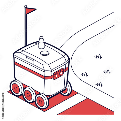 Isometric view of a delivery robot with a flag navigating a path with grass and a red crosswalk area