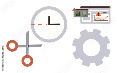 Clock cut by scissors, analytics warning signs on screens, and gear depict task prioritization, problem-solving, productivity, workflow optimization. Ideal for efficiency, time management