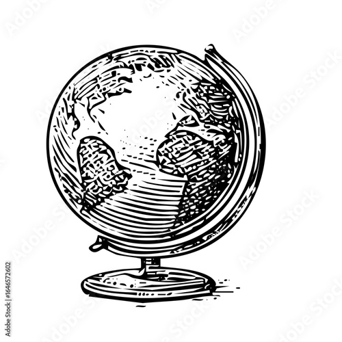 Vintage Hand-Drawn Globe Illustration – Detailed Engraving Style Geography and Education Design