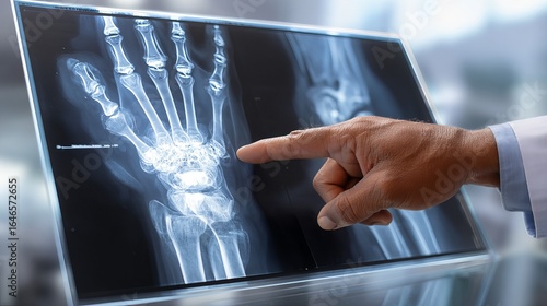 A doctor examining a hand X-ray, highlighting crucial details with a focused gesture.