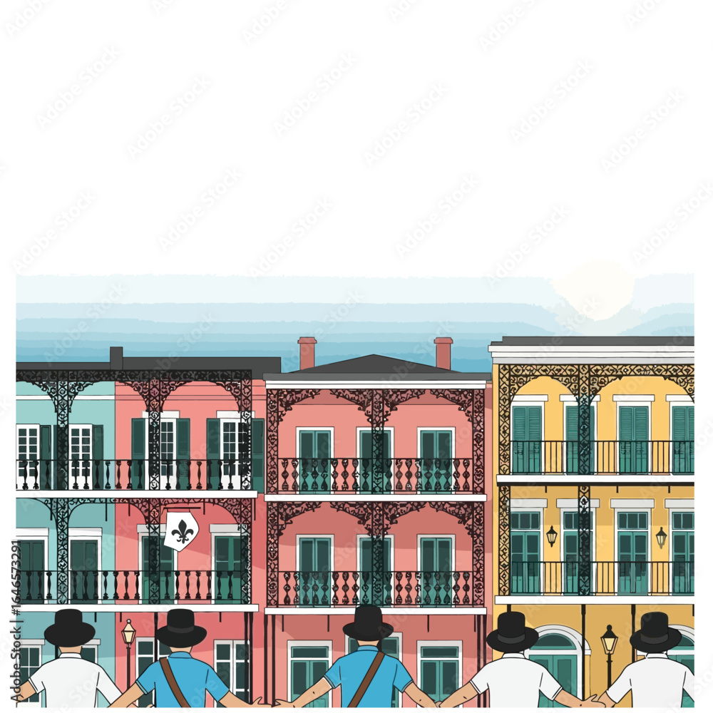 Naklejka premium Illustration depicts a line of people holding hands in front of vibrant, colorful buildings.