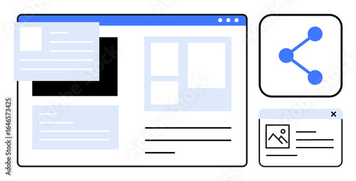 Mockup of webpage with content blocks, pop-ups, and share icon. Ideal for web design, user experience, content management, marketing, communication, networking simple landing page