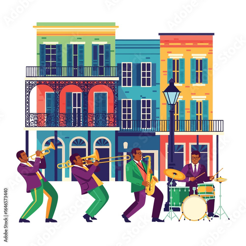 Colorful New Orleans street scene with a jazz band performing in front of vibrant buildings.