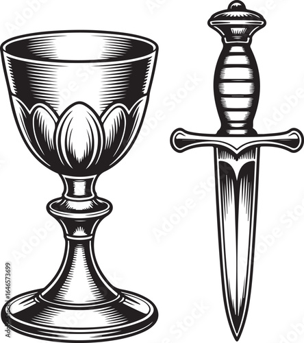 Vintage Silver Chalice & Ceremonial Dagger Engraving Icon Set – Hand-Drawn Ritual Object Illustrations