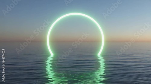 Stunning neon circle reflecting on calm ocean water at sunset, glowing ethereal portal
