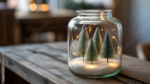 Festive miniature christmas trees inside a glass jar with twinkling lights