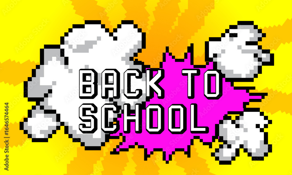 Fototapeta premium Back to School pixelated word with geometric graphic background. Vector cartoon illustration.