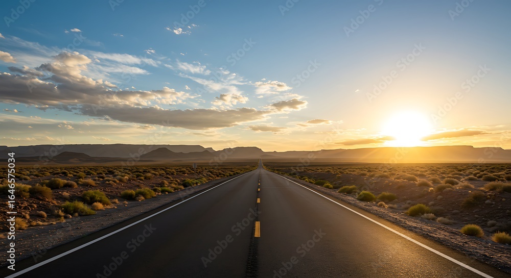 Fototapeta premium A long road stretching into the distance under a bright sunset sky