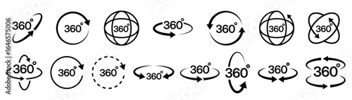 360 degrees vector icon set. Round signs with arrows rotation to 360 degrees. 360 degree complete angle or a full angle. 360 degrees logo, label, badge, symbol, banner, circle, black, line, isolated.