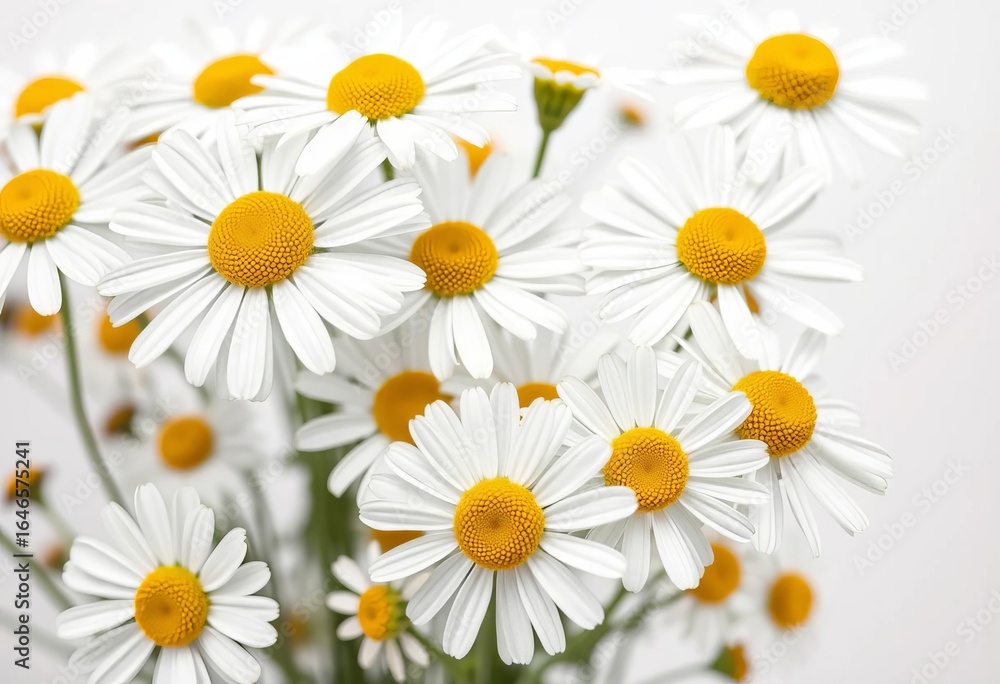 Fototapeta premium Close-up of chamomile flowers, crisp white background, perfect focus, healthy, clean
