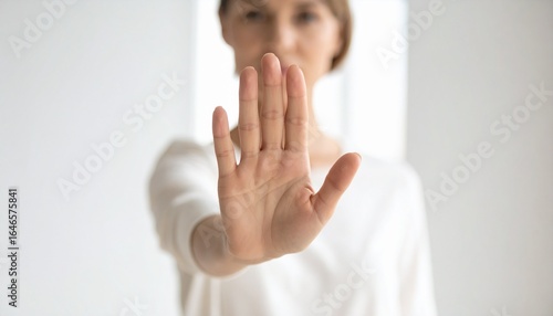 Mature woman in white shirt holds hand out in front of face, blurred, Woman holding up hand to stop, concept for NO, do not enter, refusal or restriction