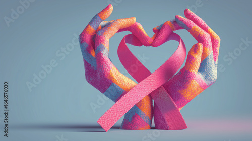 Colorful Hands Forming Heart Shape with Pink Ribbon - Breast Cancer Awareness Concept