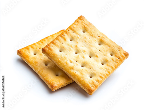 A close-up shot of a small pile of square creme crackers stacked against a plain white background. The crackers are golden-brown with small holes on their surface.