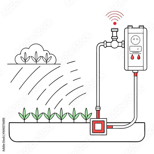 Illustration of a smart irrigation system watering plants in a garden with a cloud above them online